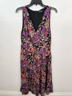 Lauren Ralph Lauren Dress Size 12 Black Floral Fit & Flare V-Neck Sleeveless